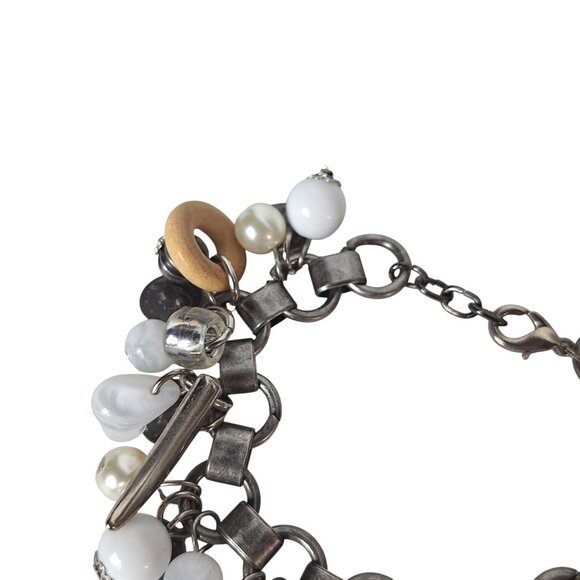 Vintage Charm Bracelet Mixed Material Wood Metal Faux Pearls Eclectic Boho Style - Picture 4 of 5